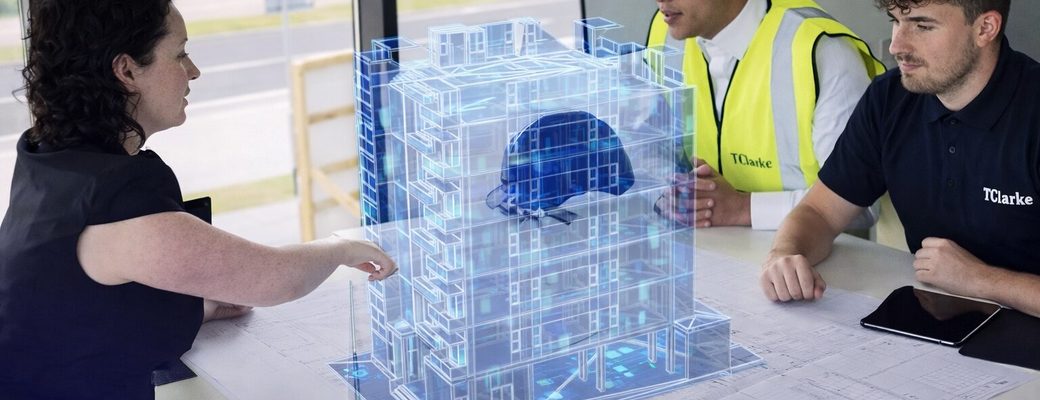 Des apprentis et un formateur examinant la maquette 3D d’un bâtiment