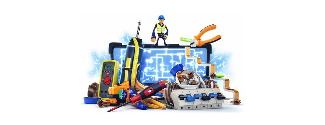 Illustration d’outils d’électricien et d’appareils de contrôle autour d’une tablette