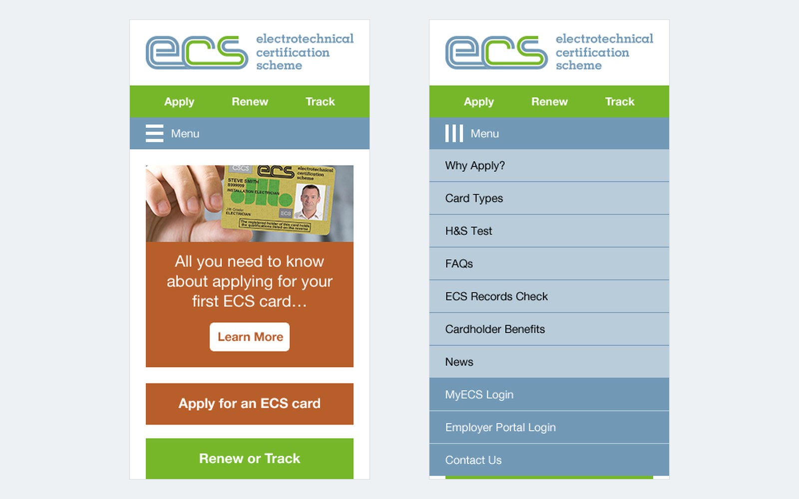 Two mobile screens from the ECS redesign: the homepage with the Apply for an ECS card panel, and the menu open