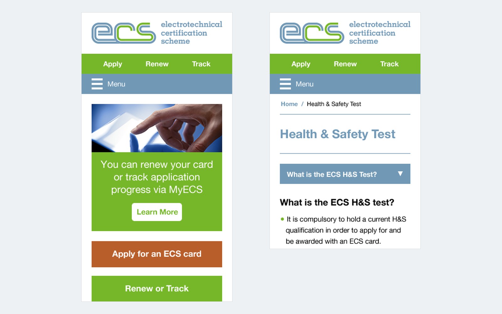 Two mobile screens: the homepage panel for renewing or tracking a card through MyECS, and the Health & Safety Test page