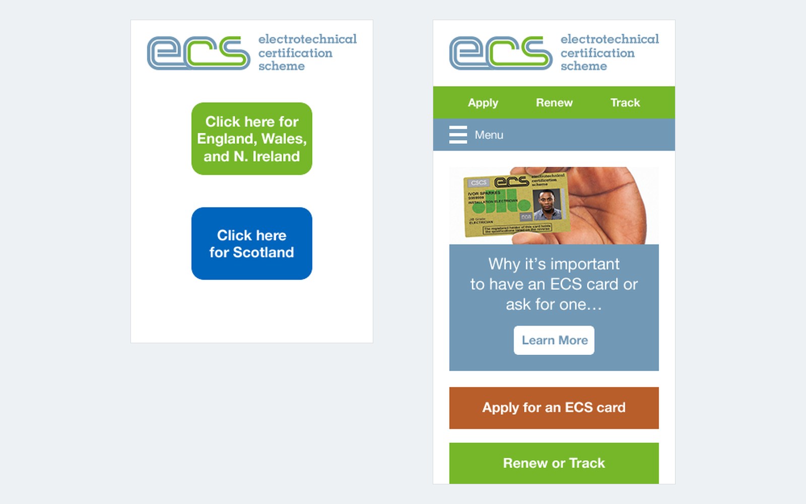 Two mobile screens: the landing window with one button for England, Wales and Northern Ireland and one for Scotland, and the homepage panel about the ECS card