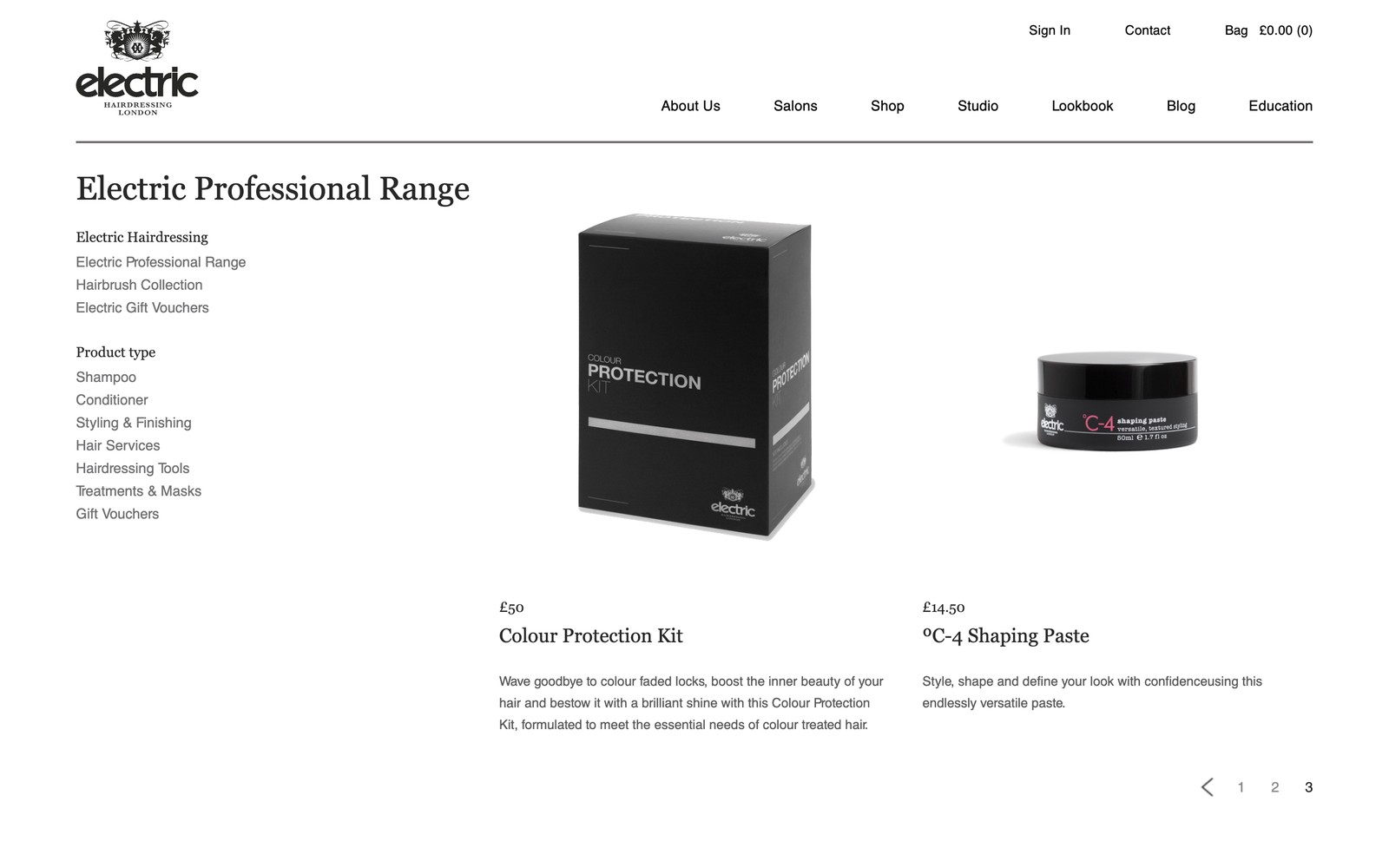 The Electric shop, showing the professional range with product-type filters and prices