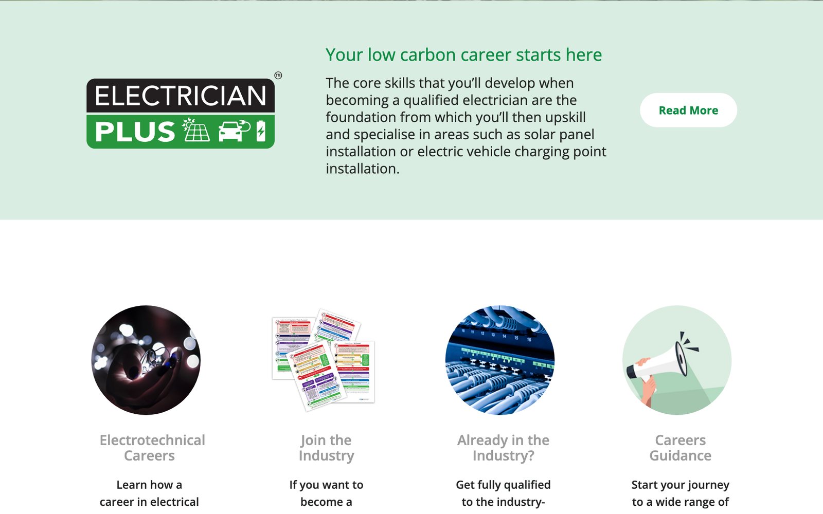 La page d’accueil d’Electrical Careers, avec le panneau Electrician Plus consacré aux métiers bas carbone et une carte pour chaque parcours professionnel