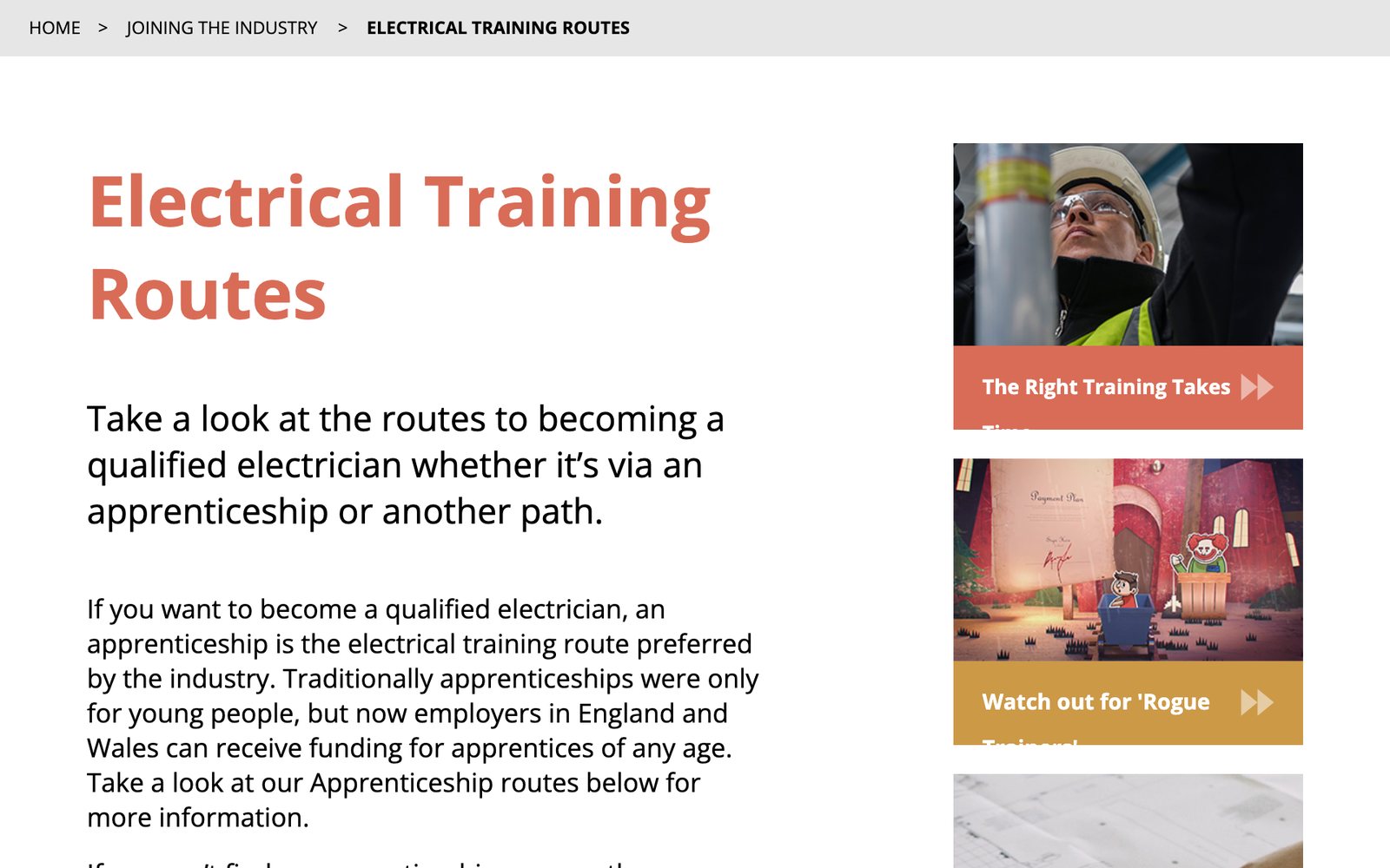 La page des parcours de formation d’Electrical Careers, avec des liens vers les conseils de formation et l’apprentissage