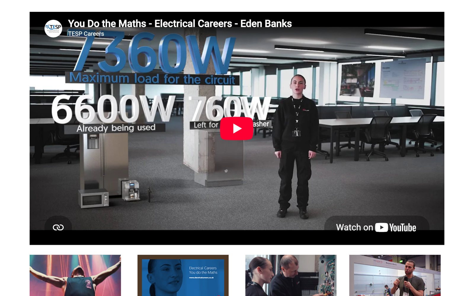 Les vidéos métiers d’Electrical Careers, avec la vidéo d’un apprenti mise en avant et d’autres témoignages en dessous