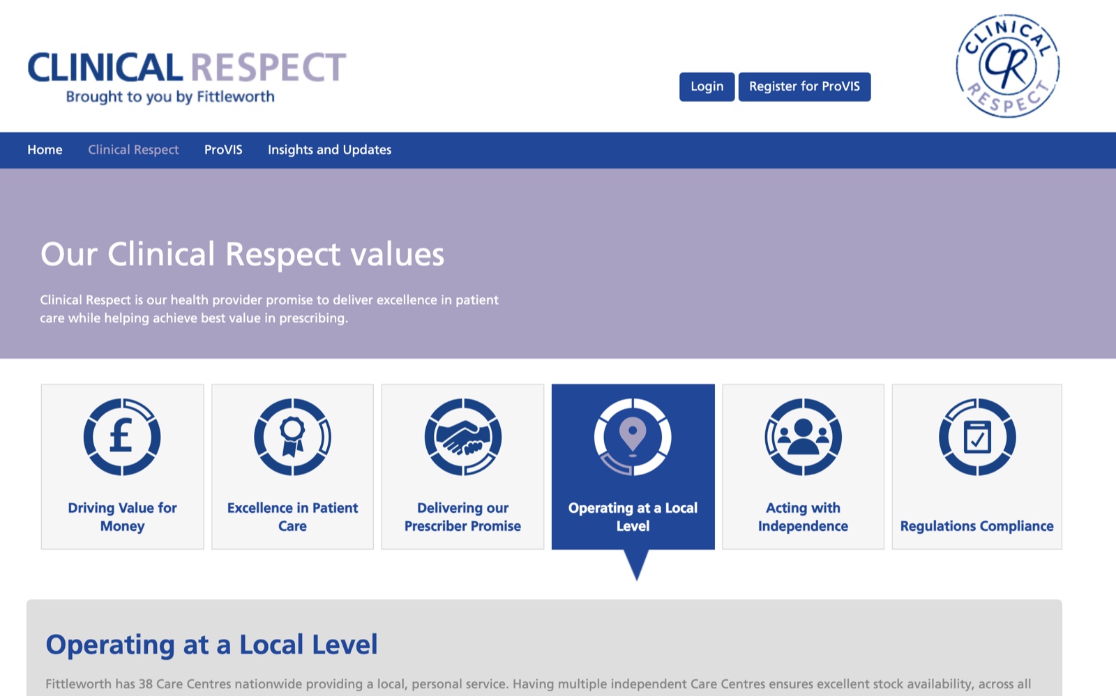 La page « Our Clinical Respect values » du site Clinical Respect en 2019