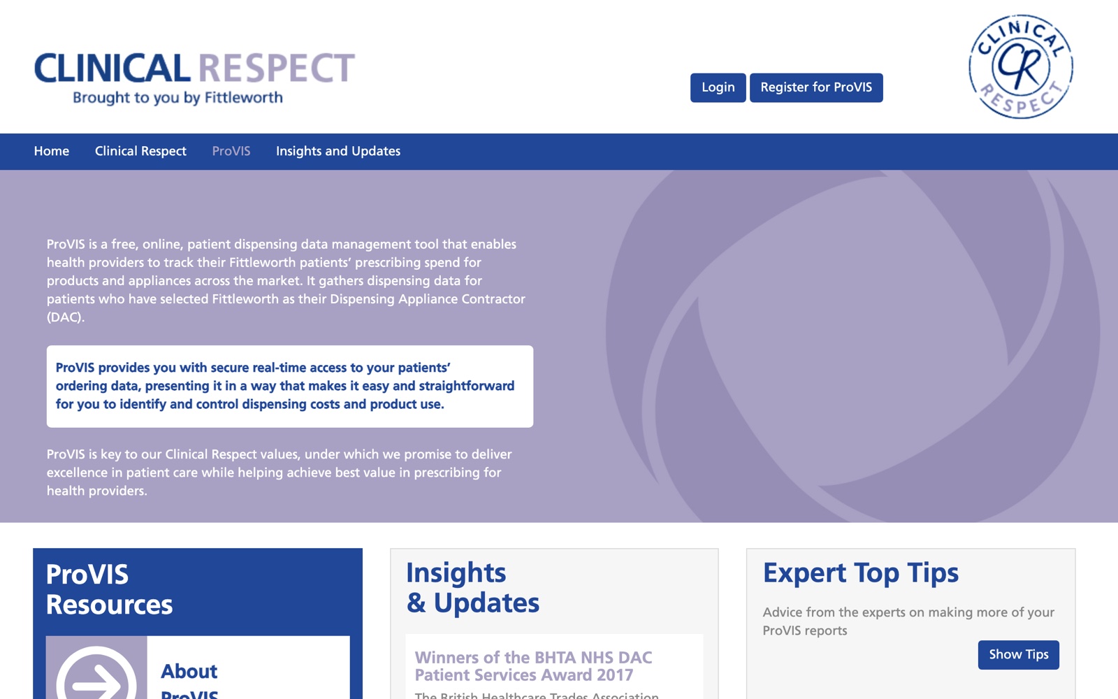 La page ProVIS de Clinical Respect, l’outil en ligne de Fittleworth pour les données de délivrance, en 2019