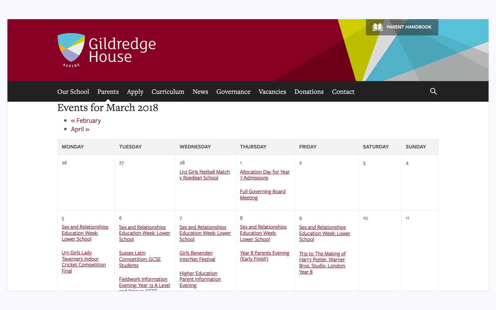 The Gildredge House calendar, with events marked for the lower school and for individual year groups