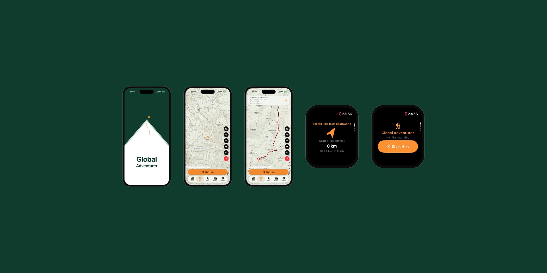 Global Adventurer on iPhone and Apple Watch: the launch screen, the topographic map and a route being followed, beside the watch’s route guidance and Start Hike screens