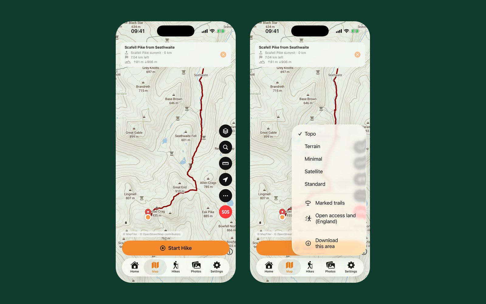 Two Global Adventurer screens: a route from Seathwaite to Scafell Pike on the topographic map with its guidance panel, and the map layers menu