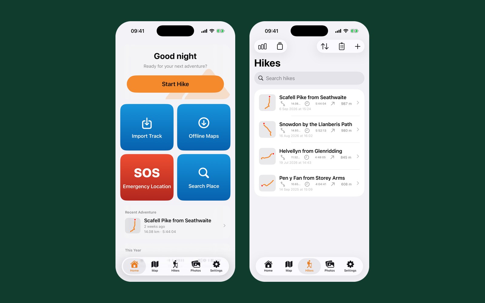Two Global Adventurer screens: the home screen with Start Hike, quick actions and the most recent adventure, and the list of saved hikes