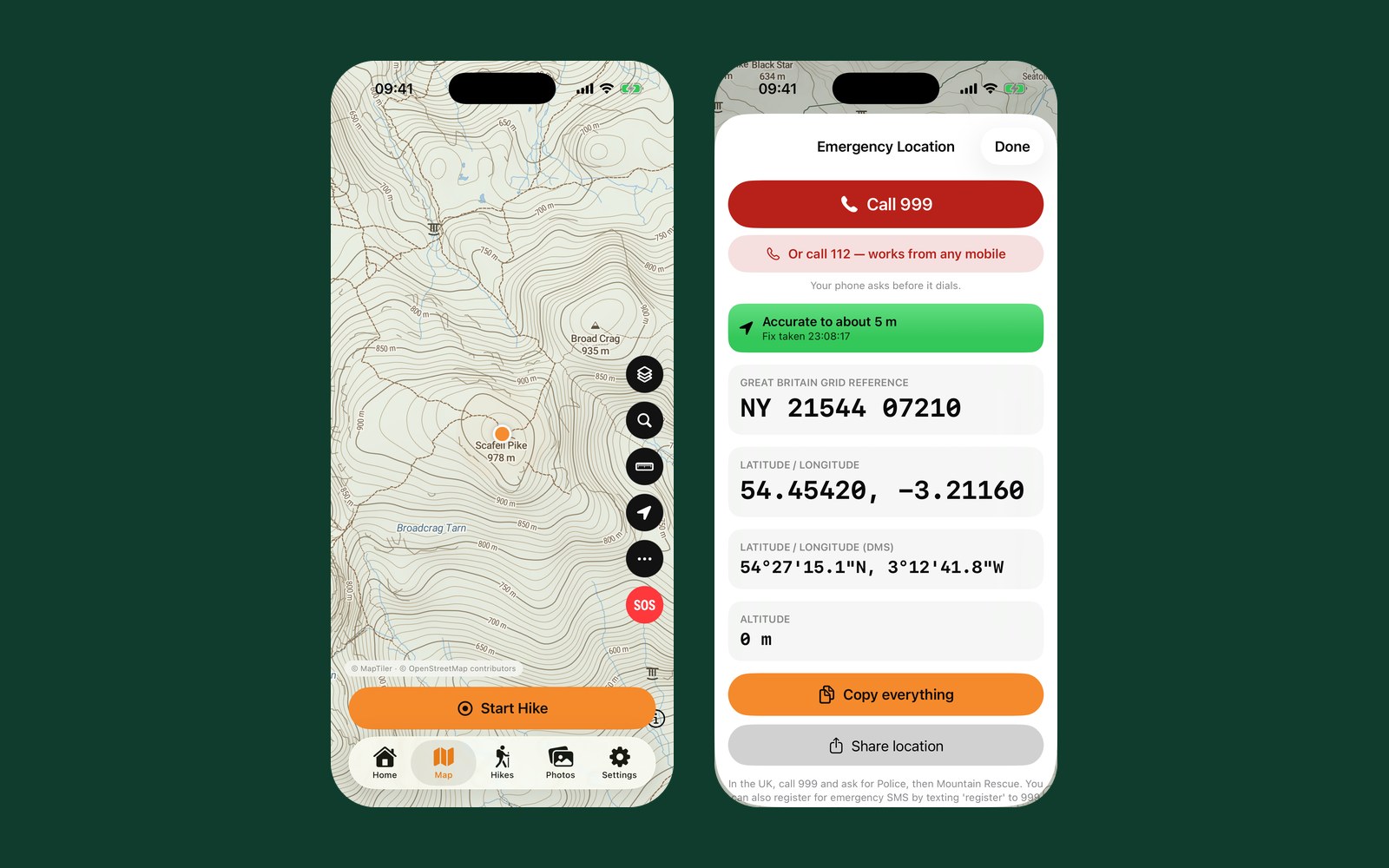 Two Global Adventurer screens: the topographic map around Scafell Pike with the SOS button, and the Emergency Location screen with a grid reference and coordinates