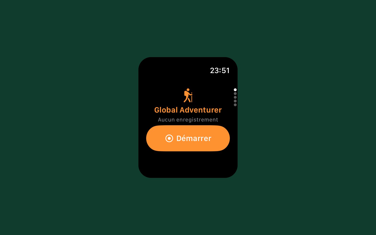 Global Adventurer sur Apple Watch en français : l’écran d’accueil de la montre, avec le bouton Démarrer pour enregistrer une randonnée