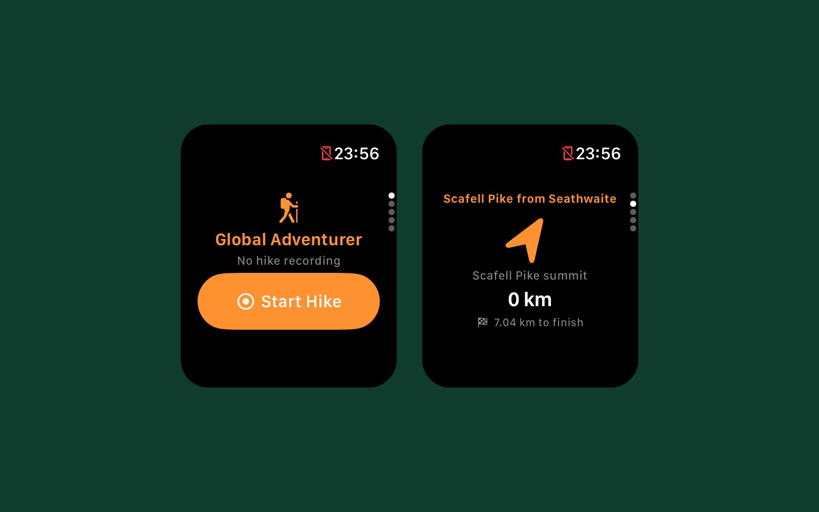 Global Adventurer on Apple Watch: guidance to the next point on a route, and the Start Hike screen for recording on the watch
