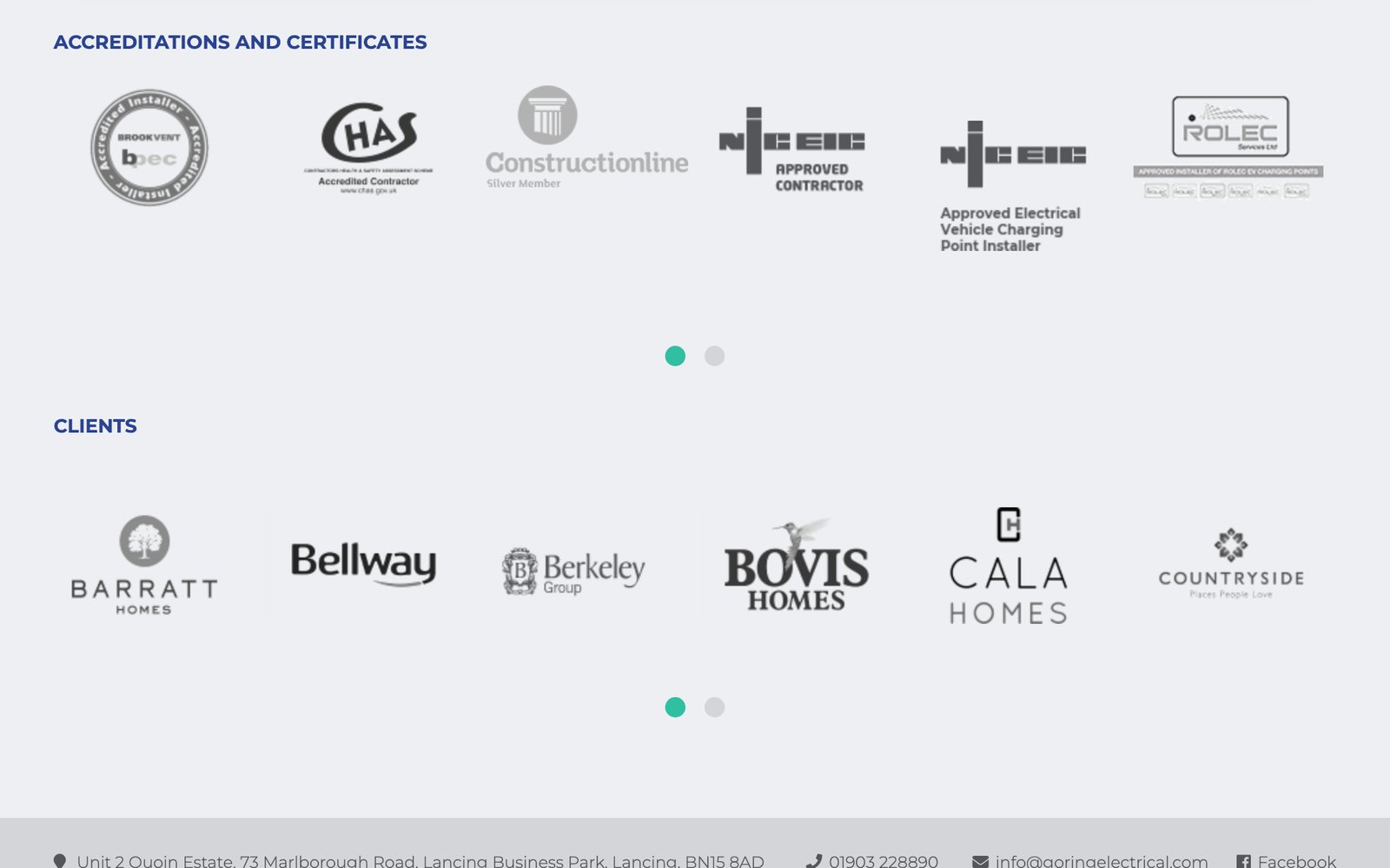 Le bandeau des certifications et des clients du site de Goring Electrical, avec les logos NICEIC, CHAS et ceux des promoteurs