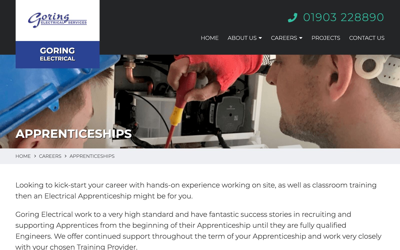 La page consacrée à l’apprentissage du site de Goring Electrical