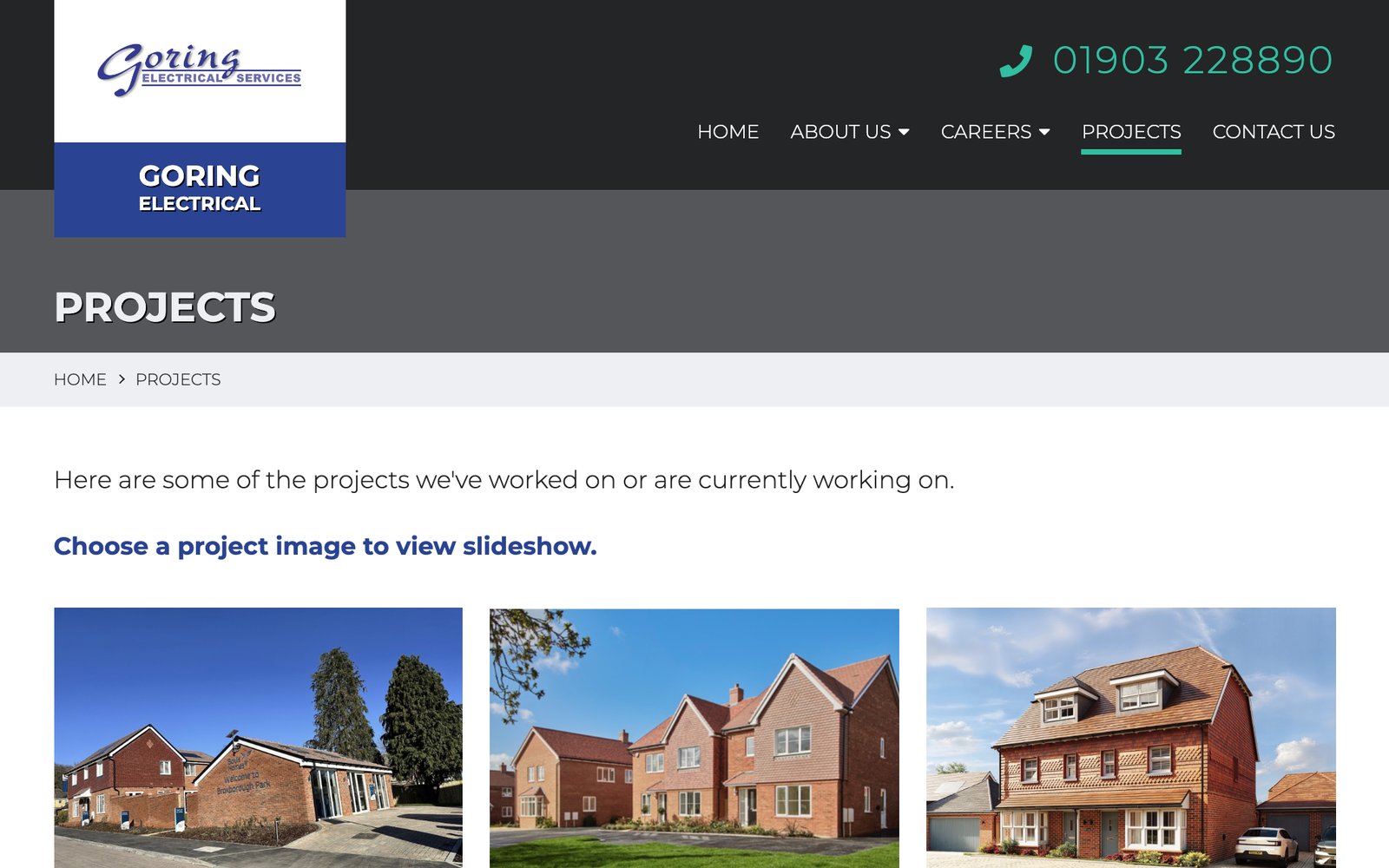 La page des projets du site de Goring Electrical, avec des photos de programmes neufs