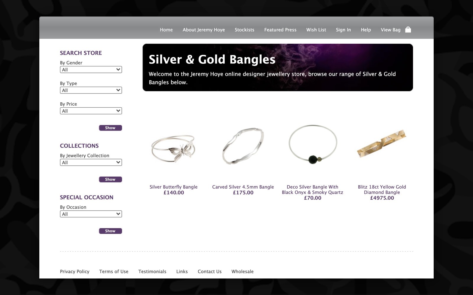 The Jeremy Hoye store browsing bangles, with filters for gender, type, price, collection and occasion down the side