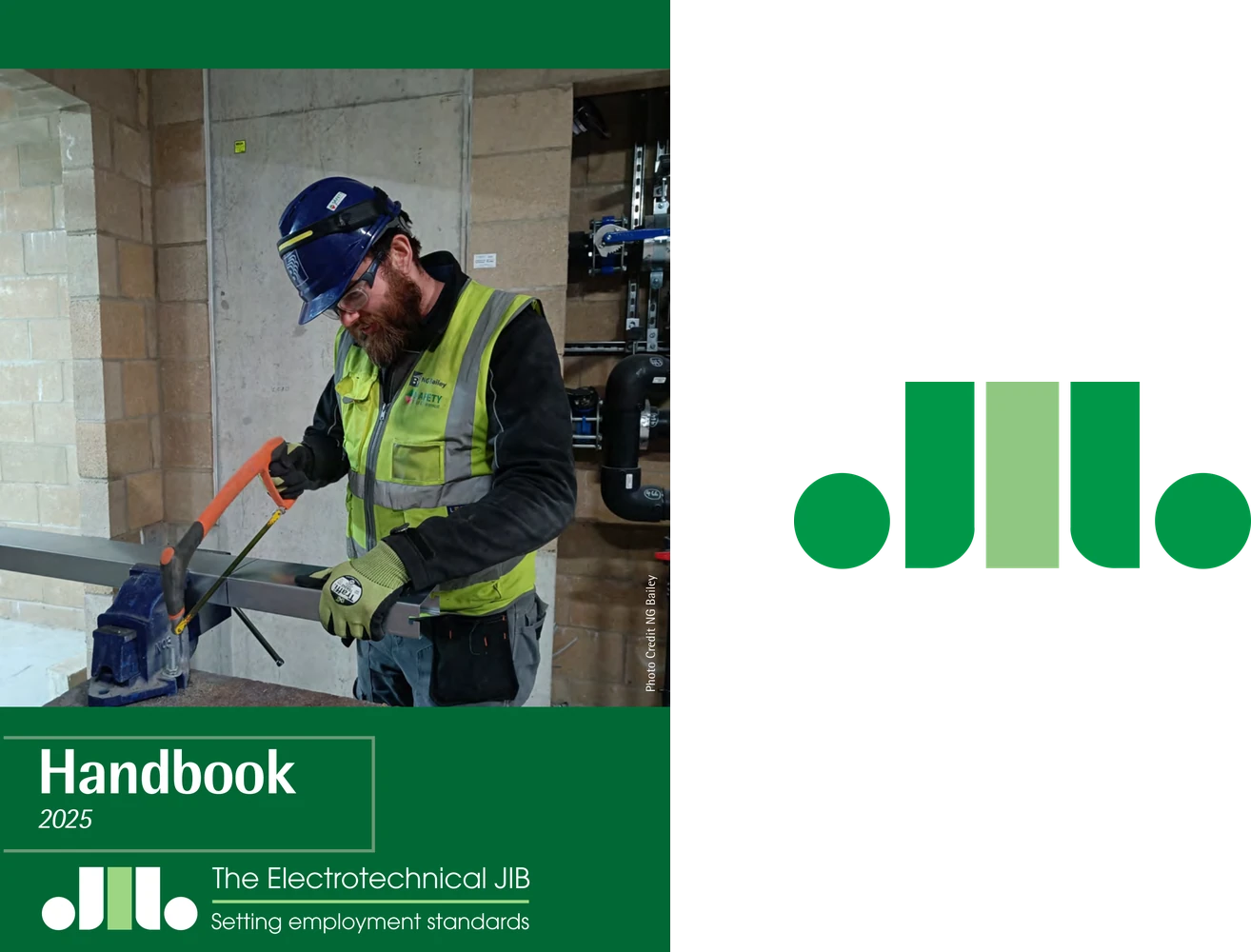 Cover of The Electrotechnical JIB Handbook 2025, with an electrician cutting trunking on site