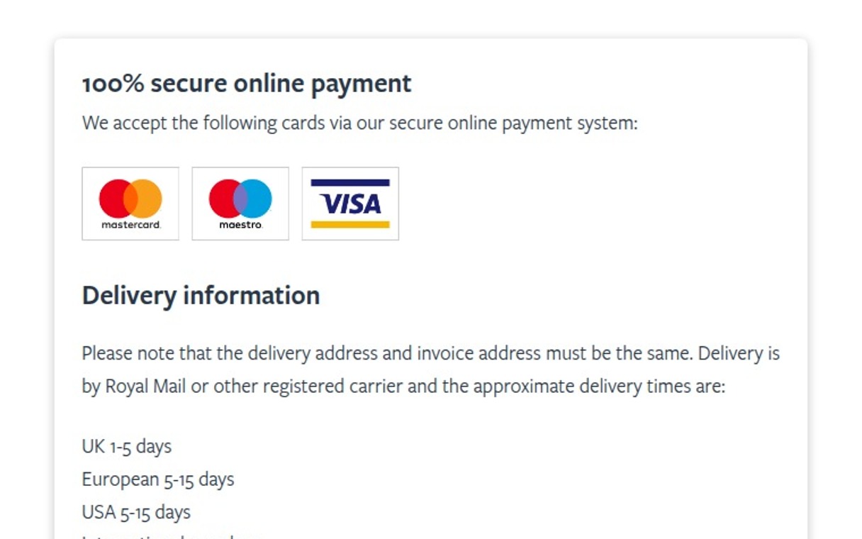 Informations sur le paiement sécurisé par carte, la livraison et les droits de douane lors de la commande sur Madoc Books