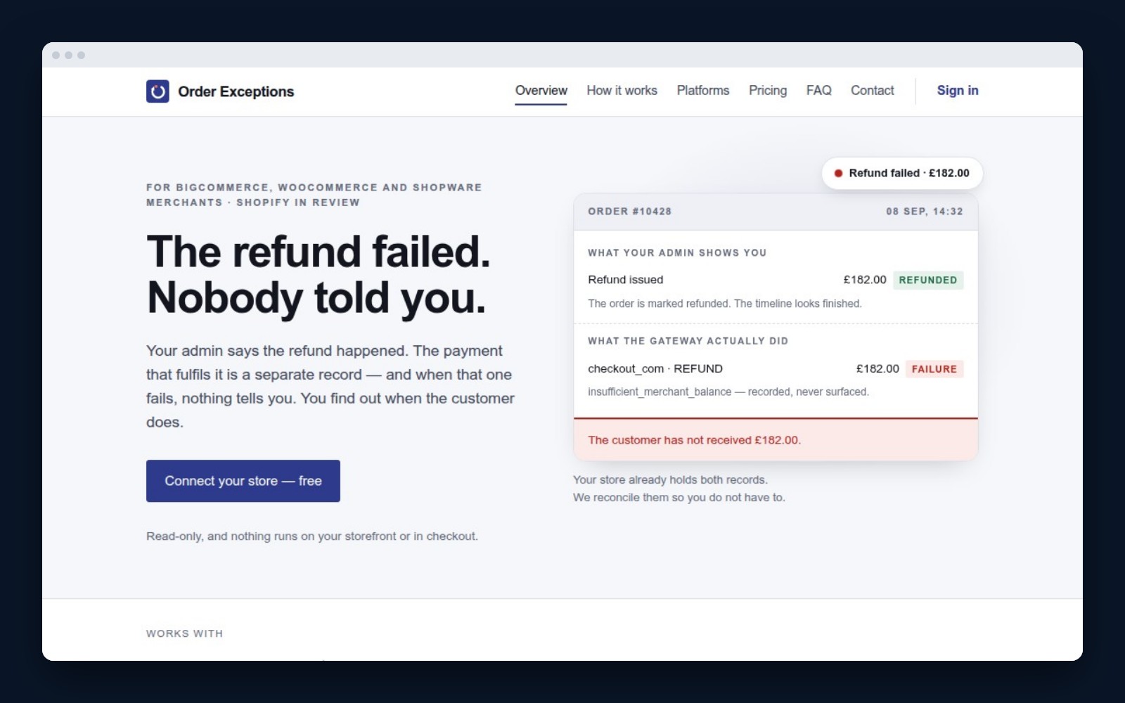 الصفحة الرئيسية لـ Order Exceptions تعرض عملية استرداد فاشلة