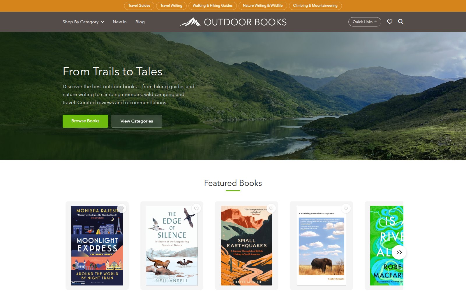 La page d’accueil d’Outdoor Books avec les titres à la une
