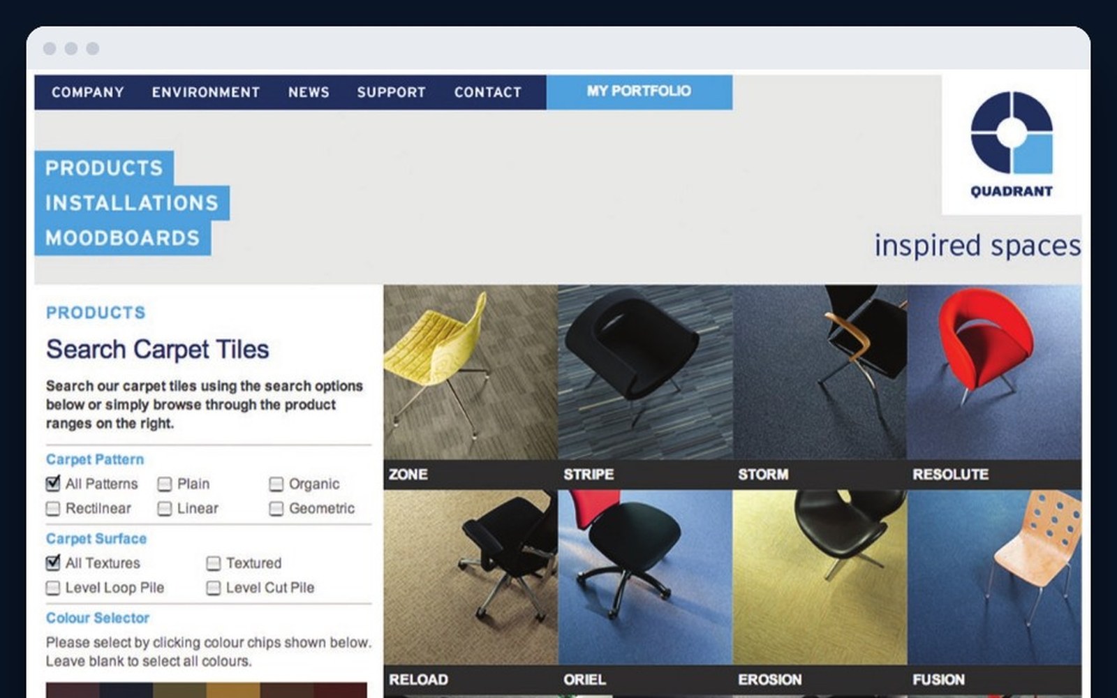 La page de recherche de dalles de moquette Quadrant, avec des filtres par motif, surface et couleur