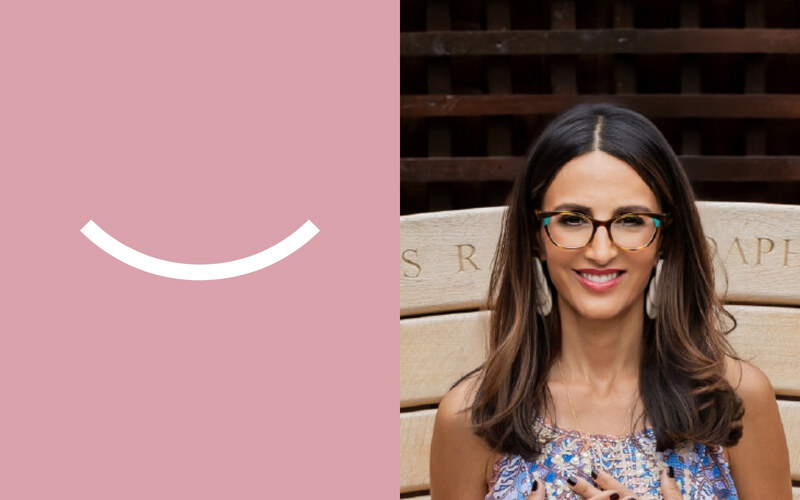 The smile from the Balancelle logo beside a photograph of Elena Nicolaou