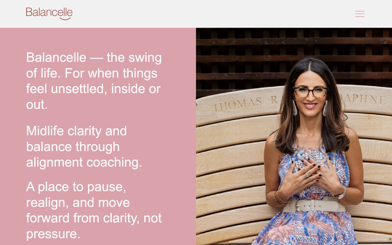 The Balancelle home page, with the headline “Balancelle — the swing of life” beside a photograph of Elena Nicolaou
