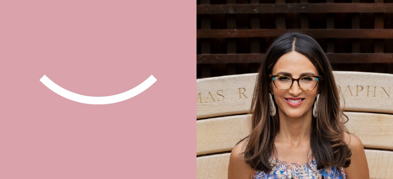 The smile from the Balancelle logo beside a photograph of Elena Nicolaou