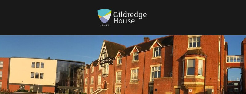 Gildredge House logo above a photo of the school buildings