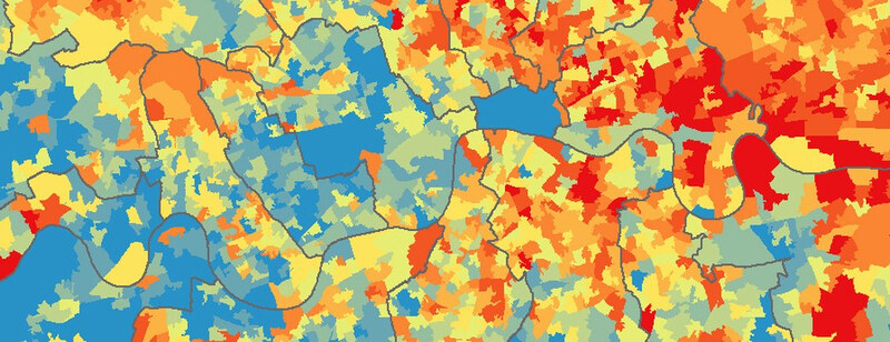Deprivation mapping of London by OCSI: small statistical areas shaded from blue to red, with borough boundaries and the Thames through the centre