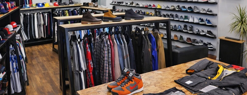 A streetwear shop with clothing rails, trainers on the table and a wall of trainers