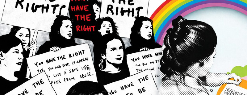 Illustrated women holding placards about their rights
