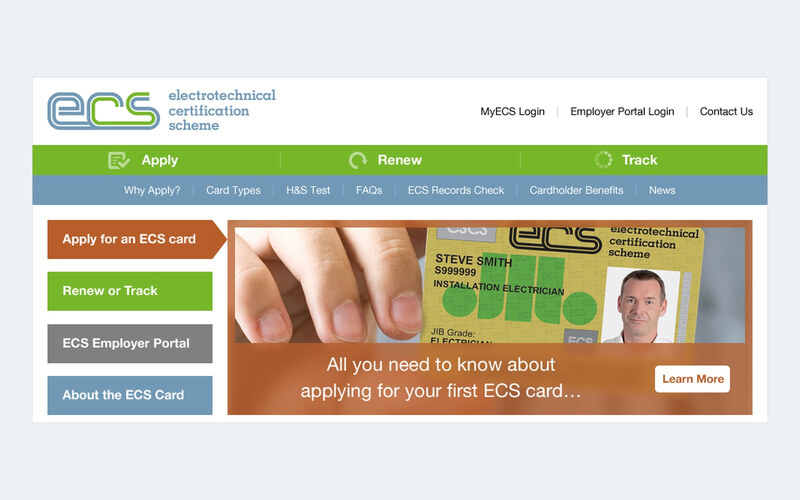 The redesigned ECS homepage, with Apply, Renew and Track across the top and panels for applying, renewing or tracking, the Employer Portal and the ECS card