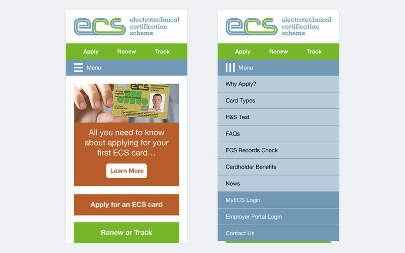 Deux écrans mobiles de la refonte ECS : la page d’accueil avec le panneau Apply for an ECS card, et le menu ouvert