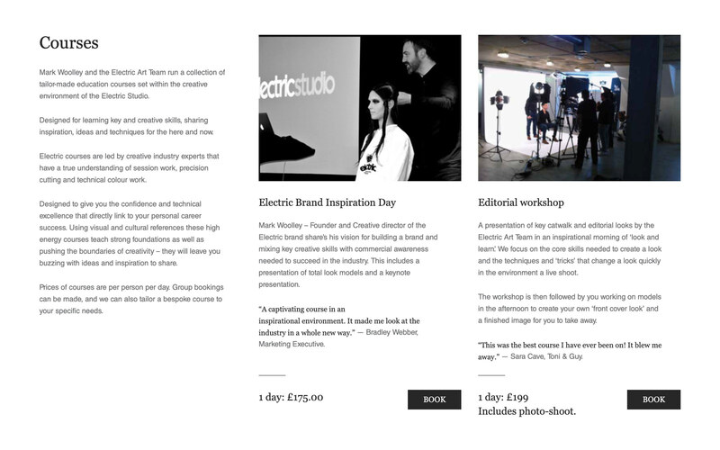 The Electric education page, showing one-day courses with prices and a booking button