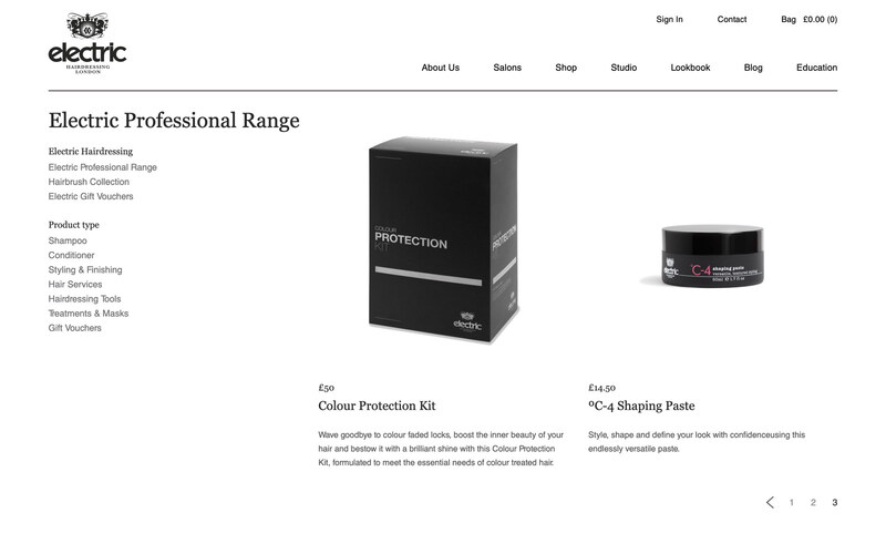 The Electric shop, showing the professional range with product-type filters and prices