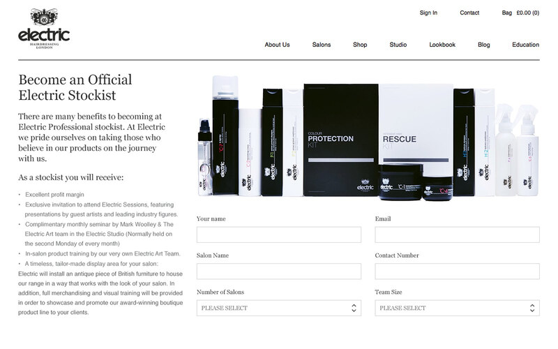 The Electric stockist page, with the product range and a trade application form