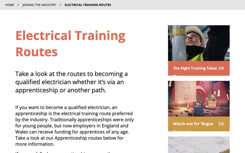 صفحة مسارات التدريب الكهربائي على موقع Electrical Careers، مع روابط لنصائح التدريب والتدريب المهني