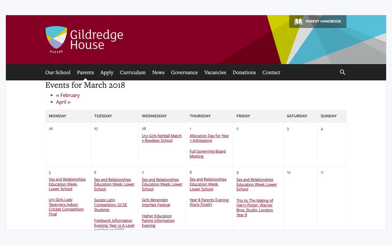 تقويم Gildredge House، وفيه فعاليات محددة للمرحلة الابتدائية ولكل سنة دراسية