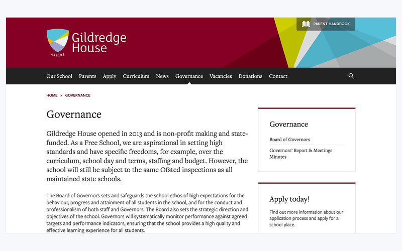 The Gildredge House governance page, with the board of governors and its reports and minutes alongside