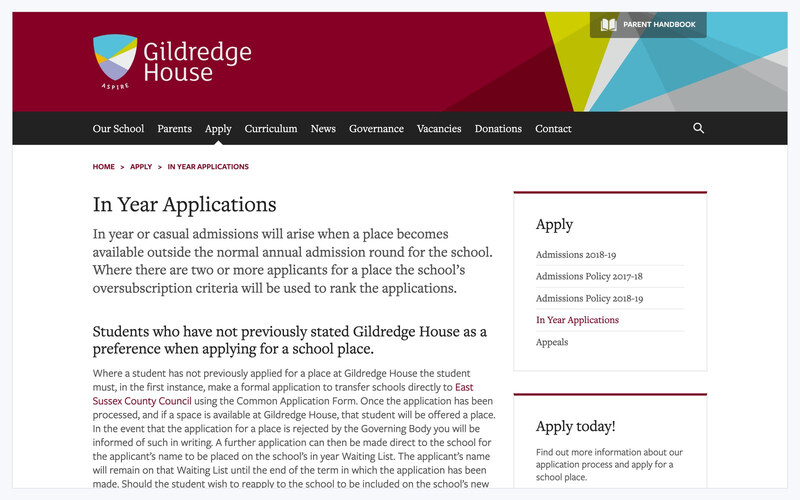 The Gildredge House in-year applications page, with the admissions menu beside it