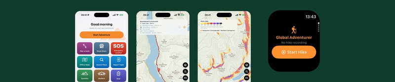 Global Adventurer sur iPhone et Apple Watch : l’écran d’accueil avec la planification d’itinéraire, la boutique d’itinéraires, les sommets et la position d’urgence, un itinéraire suivi avec indications, l’ombrage des pentes en hiver avec le risque d’avalanche, et la montre prête à démarrer