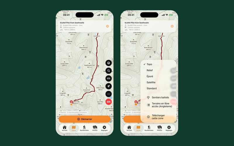 Deux écrans de Global Adventurer en français : un itinéraire de Seathwaite au Scafell Pike sur la carte topographique avec son bandeau de guidage, et le menu des calques de carte
