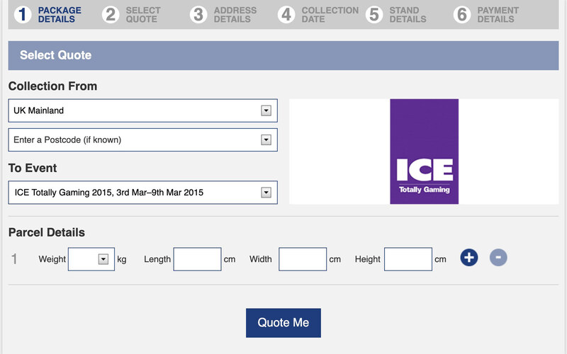 The ILS Courier Gateway booking form, where an exhibitor picks the show and enters each parcel’s weight and dimensions