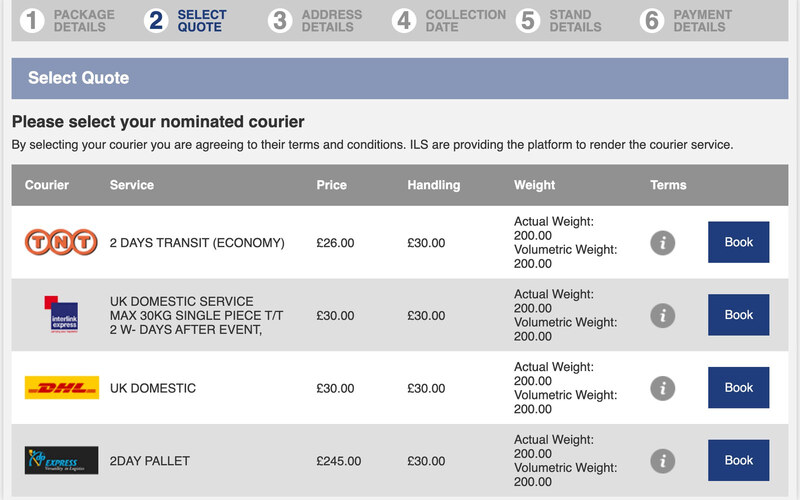 The quote step of the ILS Courier Gateway, comparing courier services, prices and weights