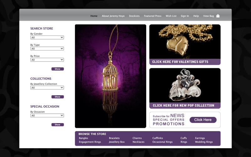The Jeremy Hoye store front, with the search and collections rail beside the featured jewellery