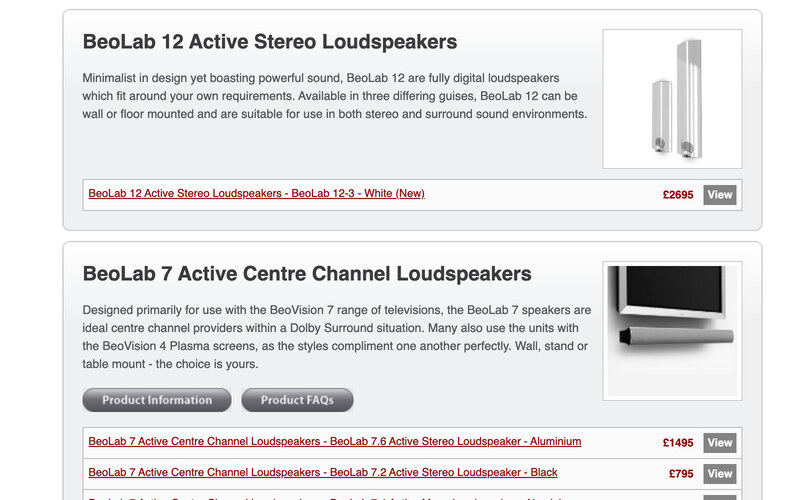 The Bang & Olufsen speakers page on LifeStyle AV, with a description of each range and its items listed with prices
