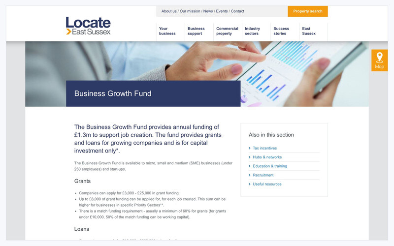 La page du fonds de croissance de Locate East Sussex, avec les autres dispositifs de financement à côté